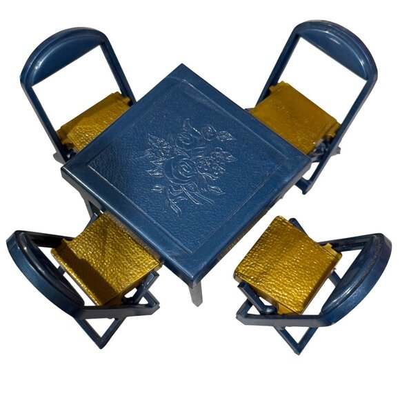 Vintage Renwal Dollhouse Miniature Folding Card Table & 4 Chairs Set Blue Gold - Picture 2 of 9